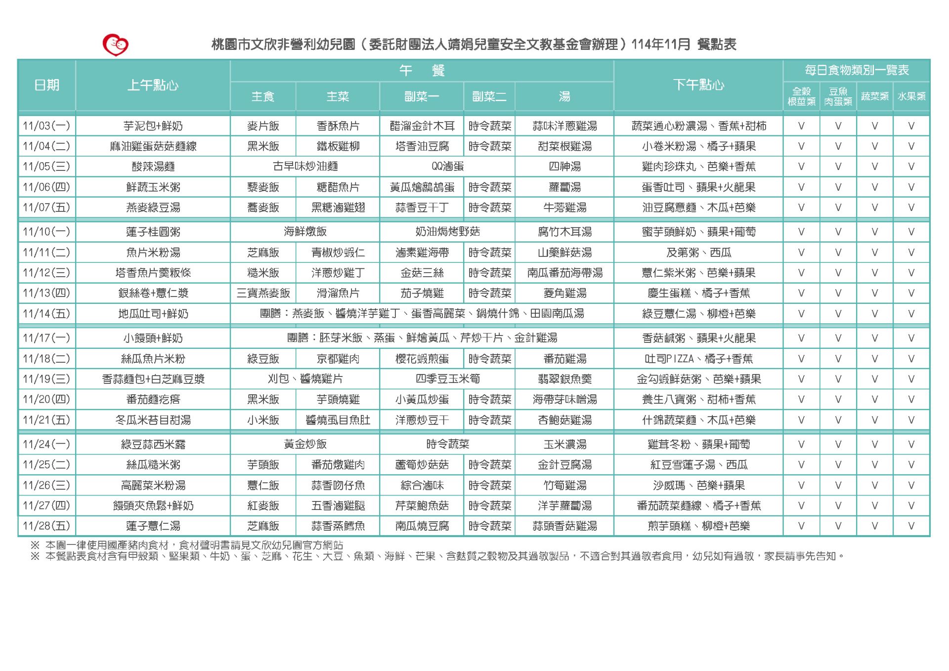 114-1 11月份餐點表